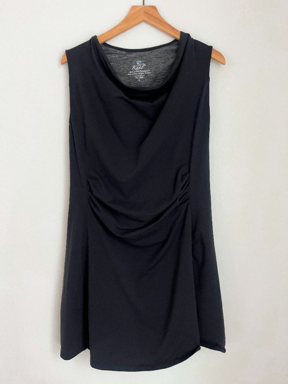 KÜHL Mova Dress | Black Ruched Sleeveless Draped Neck | Size L | EUC